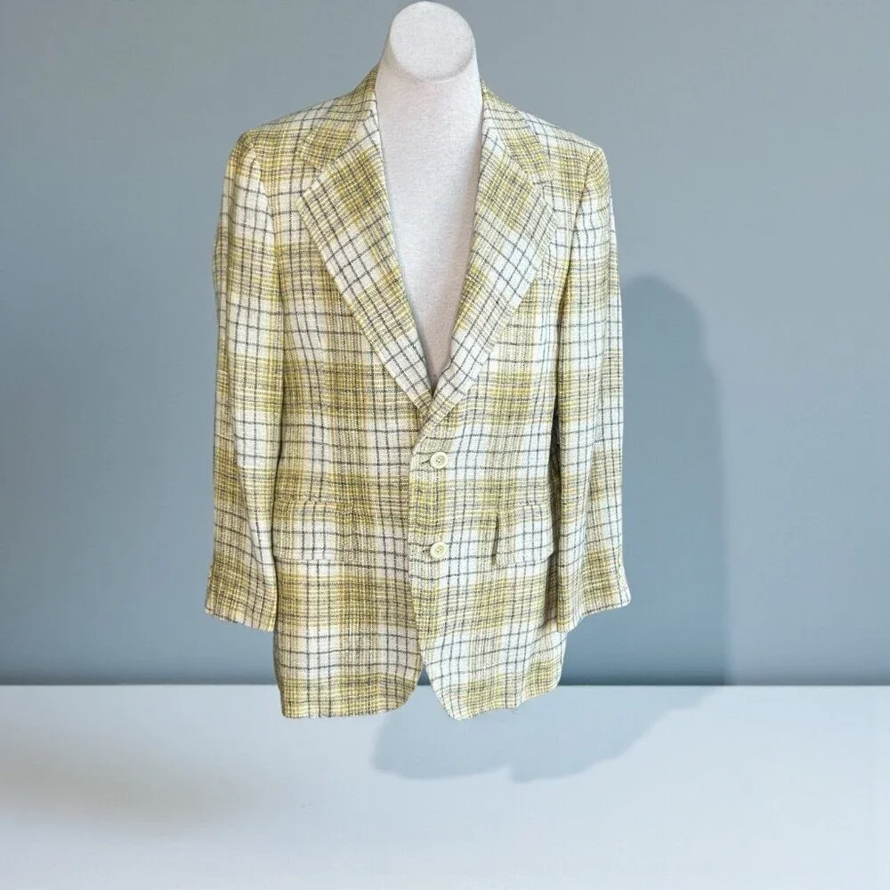 Trojan Deluxe Vintage 80s Men’s Ivory Gold Plaid Sport Coat Blazer Size 38-40R